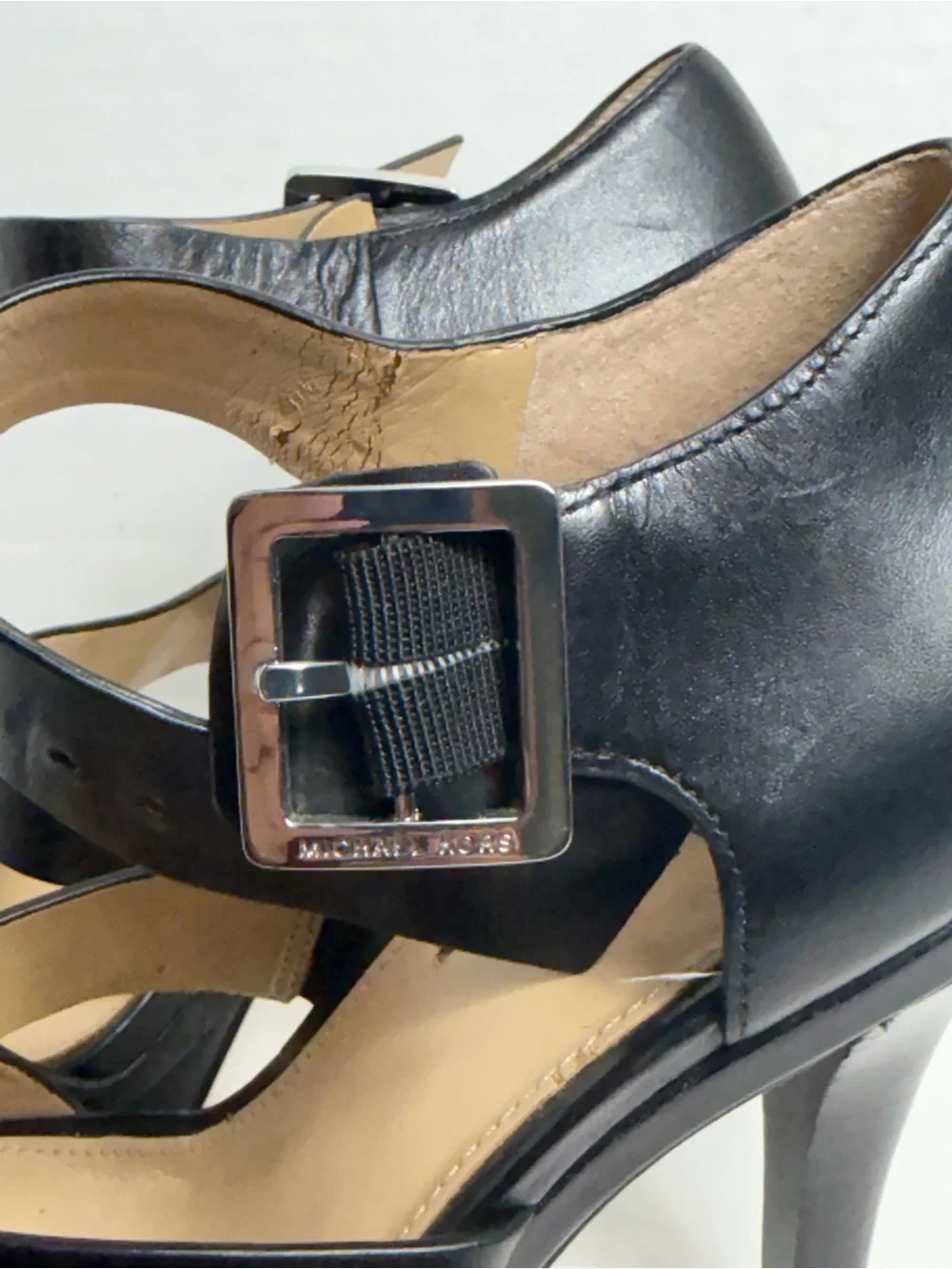 Michael Kors Black Leather Strappy Heeled Sandals with Silver Buckle